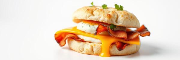 Delicious breakfast sandwich with cheese, fried egg, and bacon on a soft biscuit photo