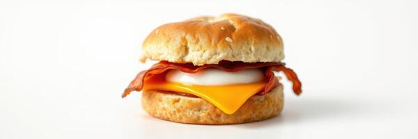 Delicious breakfast sandwich with crispy bacon, melted cheese, and fluffy egg on a soft biscuit roll photo
