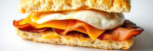 Breakfast sandwich with layers of bacon, cheese, and a perfectly cooked egg on a toasted biscuit photo