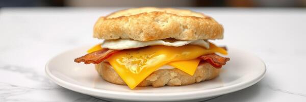 Delicious breakfast sandwich with bacon, eggs, and melted cheese served on a biscuit photo