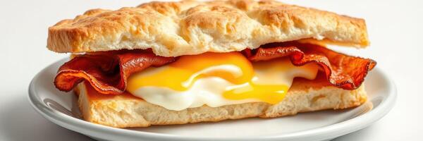 Delicious breakfast sandwich featuring crispy bacon and a perfectly cooked egg on a fluffy biscuit photo
