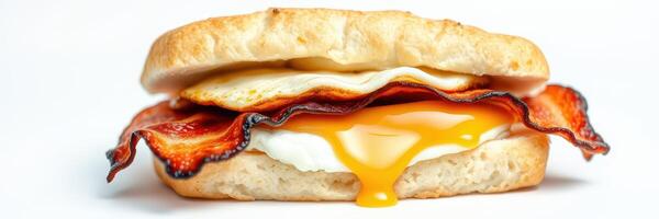 Delicious breakfast sandwich with crispy bacon, fried egg, and biscuit served on a white background photo