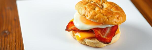 Delicious breakfast sandwich featuring crispy bacon, melted cheese, and a perfectly fried egg on a soft bun photo