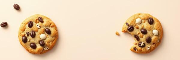 Delicious cookies with chocolate chips and coffee beans arranged attractively on a light background photo
