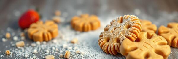 Cookies arranged on a wooden surface with powdered sugar and a decorative cherry for an inviting dessert display photo