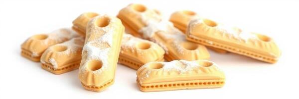 Crunchy sweet treats made of golden dough with a delicate powdered sugar topping displayed on a white background photo