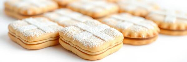 Delicious square cookies with cream filling and powdered sugar on top arranged neatly on a table photo