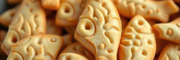 Delicious fish-shaped cookies arranged together in a close-up view showcasing their intricate designs and golden brown color photo