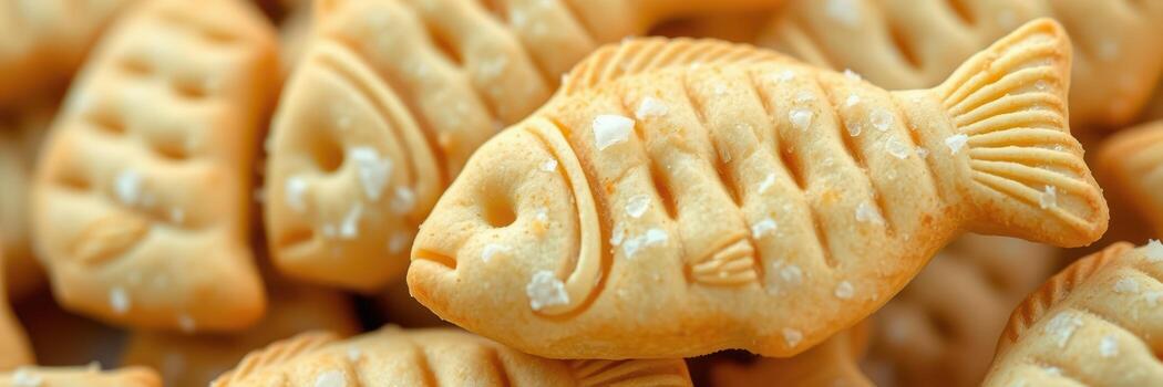 Crunchy fish-shaped crackers piled together in a close-up view highlighting their texture and details photo