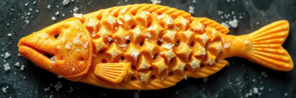 Deliciously crafted golden fish-shaped snack with textured scales resting on a dark surface photo