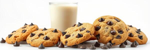 Warm chocolate chip cookies arranged beside a glass of milk on a light background for a delightful treat photo