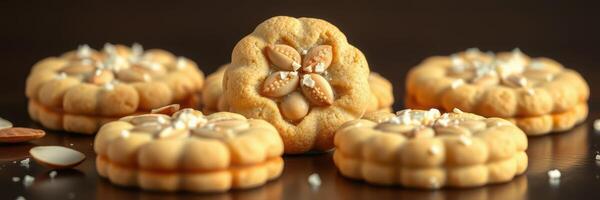 Delicious home-baked cookies with intricate designs arranged on a wooden surface photo
