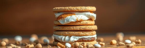 Delicious marshmallow and cookie stack on a wooden surface with scattered nuts in a warm setting photo