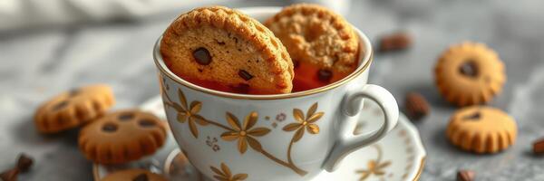 Delicious chocolate chip cookies paired with warm tea in an elegant cup on a marble countertop photo