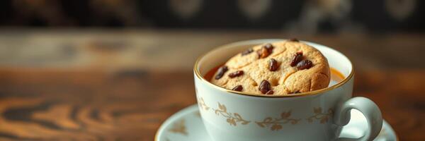 Warm cup of coffee with a chocolate chip cookie resting on the rim in a cozy cafe setting photo