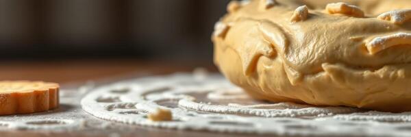 Round bread dough resting on a lace mat with a cookie nearby before baking in a cozy kitchen photo