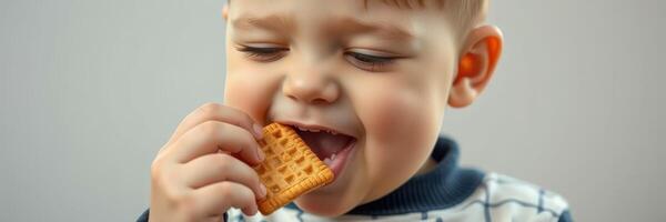 Child enjoys a crunchy snack with a joyful expression while sitting indoors photo