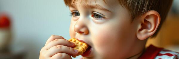 Young child enjoys a snack while sitting indoors during the afternoon, showcasing curiosity and delight in simple pleasures photo