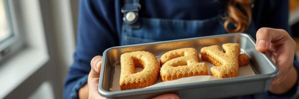 Delicious freshly baked cookies shaped like the word day in a bright kitchen setting photo