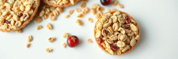 Crunchy snack made with peanuts and dried fruit arranged on a white surface photo