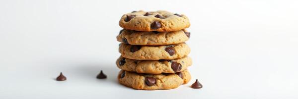 Freshly baked chocolate chip cookies stacked with chocolate drops on a plain background photo