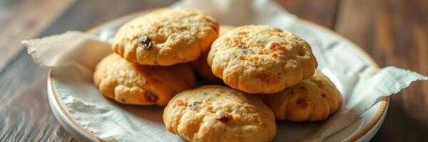 Freshly baked cookies on a rustic plate ready to be enjoyed at a cozy gathering photo