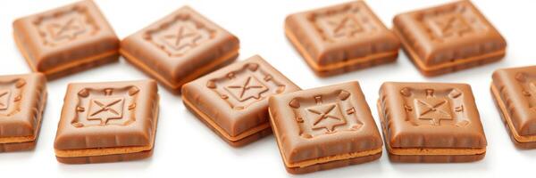 Delicious chocolate biscuits arranged neatly on a white surface perfect for a sweet treat photo