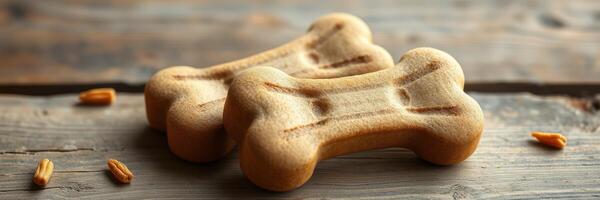 Homemade dog treats shaped like bones on a wooden table with scattered ingredients photo