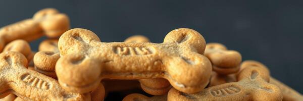 Assorted dog treats in the shape of bones arranged on a dark background photo