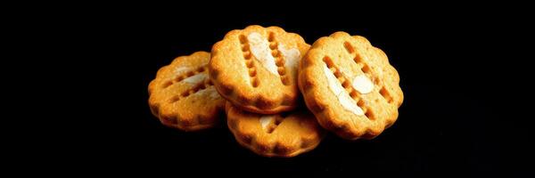 Cookies stacked together on a dark background highlighting their textures and patterns in a cozy kitchen setting photo