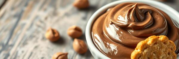 Delicious chocolate mousse served in a bowl with cookie garnish and scattered chocolate chips on a rustic wooden table photo