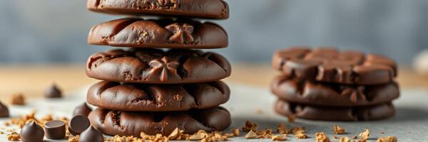 Decadent chocolate cookies stacked on a wooden surface in a cozy kitchen setting photo