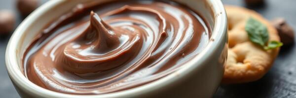 Creamy chocolate spread served with a crunchy cookie on a rustic wooden table photo