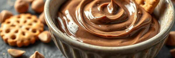 Creamy chocolate dip served in a bowl with cookies and peanuts on a dark background photo