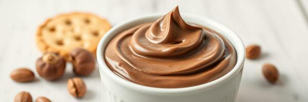 Creamy chocolate spread with cookie and almonds on a wooden table photo