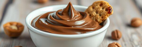 Creamy chocolate dip served with a crunchy biscuit and assorted nuts in a cozy kitchen setting photo