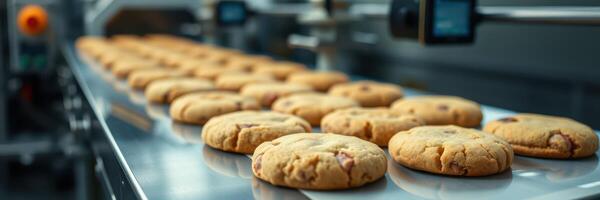 Freshly baked cookies moving along a conveyor belt in a modern bakery setting photo