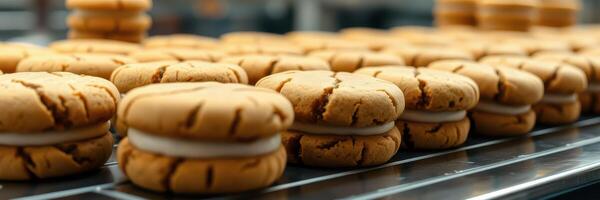 Delicious cookies with creamy filling displayed in a bakery in the afternoon sunlight photo