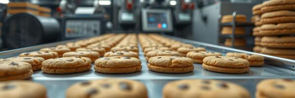 Chocolate chip cookies being baked on a conveyor belt in a busy baking facility during the day photo