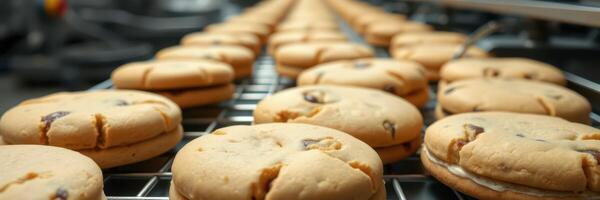 Cookies cooling on a rack in a bakery kitchen after baking at a busy baking operation photo