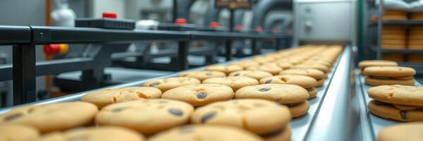 Freshly baked cookies on conveyor belt in a bustling factory during production hours photo