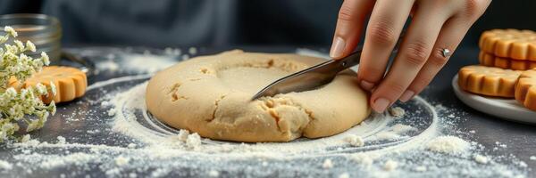 Preparing dough for cookies with hands and knife on a flour-dusted surface in a cozy kitchen setting photo