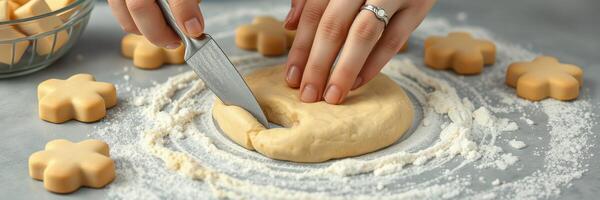 Hands shaping cookie dough with flower-shaped pieces on a kitchen counter decorated with flour photo