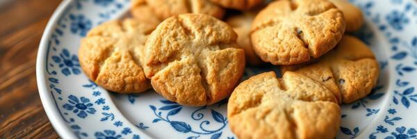 Delicious homemade cookies arranged on a decorative plate with floral patterns photo