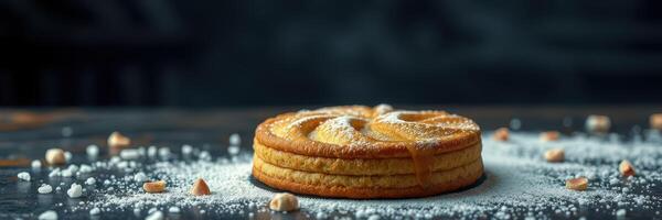 Delicious layered pastry dusted with powdered sugar on a dark table setting in a cozy kitchen photo