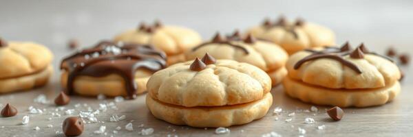 Delicious homemade cookies with chocolate drizzle and sprinkles on a wooden table photo