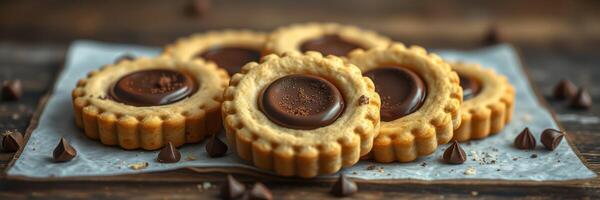 Delicious round cookies with chocolate filling arranged on a wooden surface photo