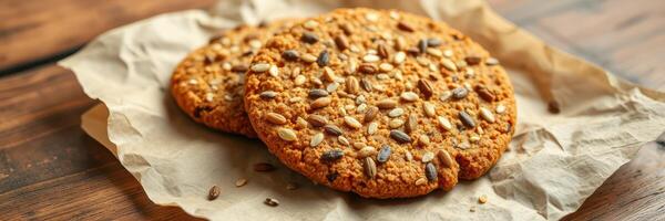 Freshly baked oatmeal cookies with seeds on crumpled parchment in cozy kitchen setting photo
