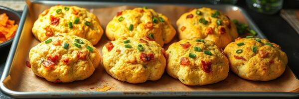 Freshly baked savory biscuits with herbs and bacon on a baking tray in a cozy kitchen photo