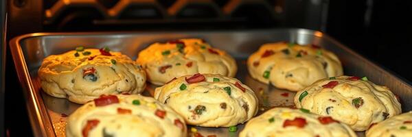 Freshly baked cookies with savory ingredients cooling in the oven photo
